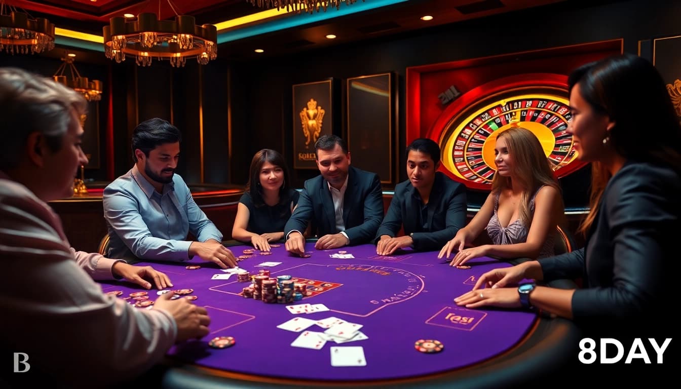 Engaged players at the 8DAY casino poker table, showcasing vibrant chips and a roulette wheel.