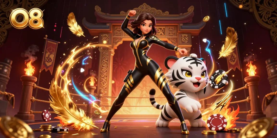 Engage in thrilling gameplay at O8 with a captivating scene featuring a dynamic heroine and a playful tiger amidst a vibrant casino backdrop.