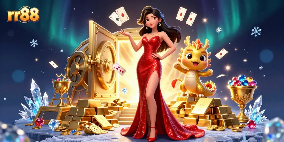 Engage with rr88 in a vibrant 3D casino scene featuring captivating games and treasures.