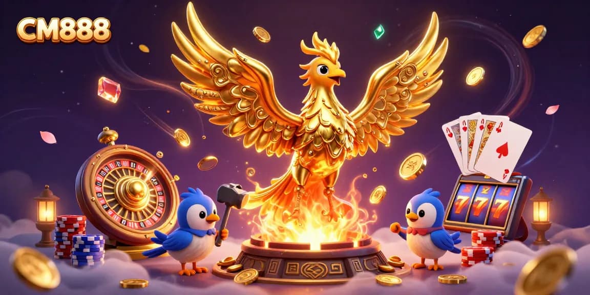 Experience CM888 as golden coins cascade while the phoenix emerges, showcasing the excitement of online gambling.