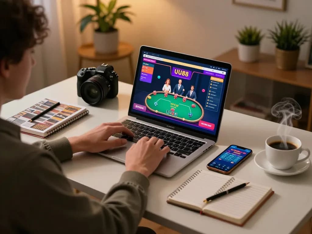 UU88 player engaging with vibrant poker game interface on laptop, cozy home gaming setup for responsible entertainment