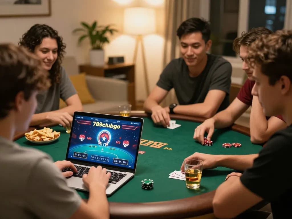Friends playing poker online at 789clubgo, enjoying snacks and drinks in a cozy home.