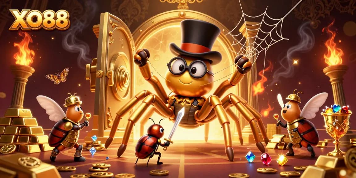Experience the thrill of XO88's casino games featuring a golden tarantula and beetle knight.