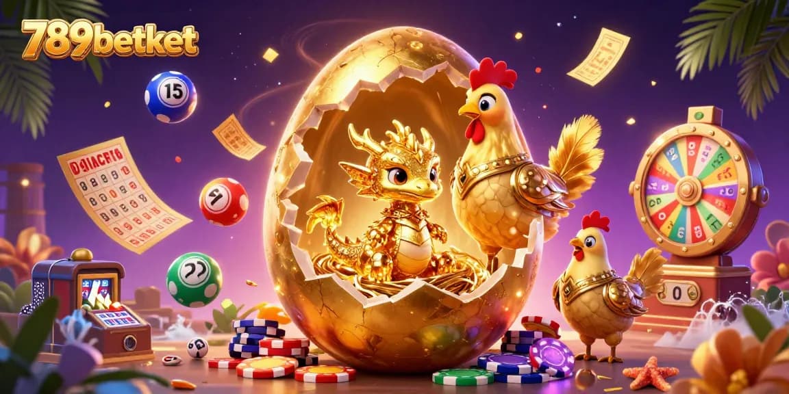 Engage with the exciting world of 789betket featuring a golden dragon, poker chips, and vibrant lottery elements.