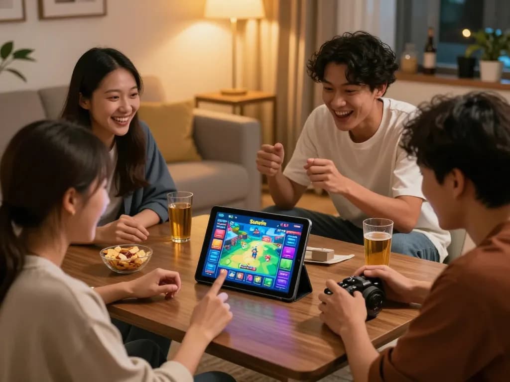 Enjoying thrilling gaming experiences with tải sunwin on tablet in a cozy living room.
