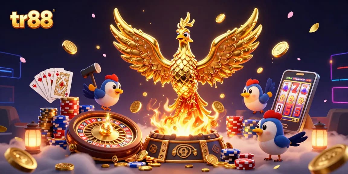 Experience the dynamic casino scene with tr88 featuring a golden phoenix, coins, and slot symbols.
