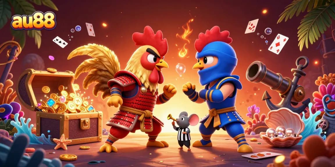 Bet on au88 with a thrilling showdown of roosters in a vibrant 3D casino battle scene.