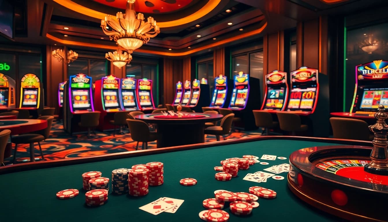 Engaging casino scene showcasing the excitement of gambling at 888b with tables, cards, and slot machines.