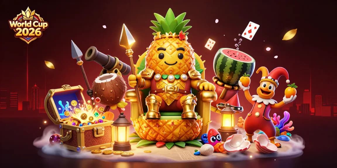 Engaging World Cup 2026 scene depicting a gold pineapple king with tropical guards and elements of gambling action, highlighting a vibrant beach casino ambiance.