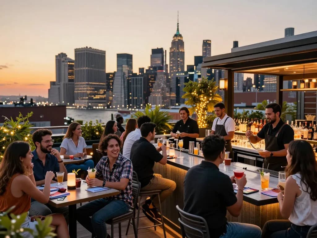 NoHu rooftop bar patrons enjoying cocktails while discussing gambling strategies amid elegant NYC skyline.