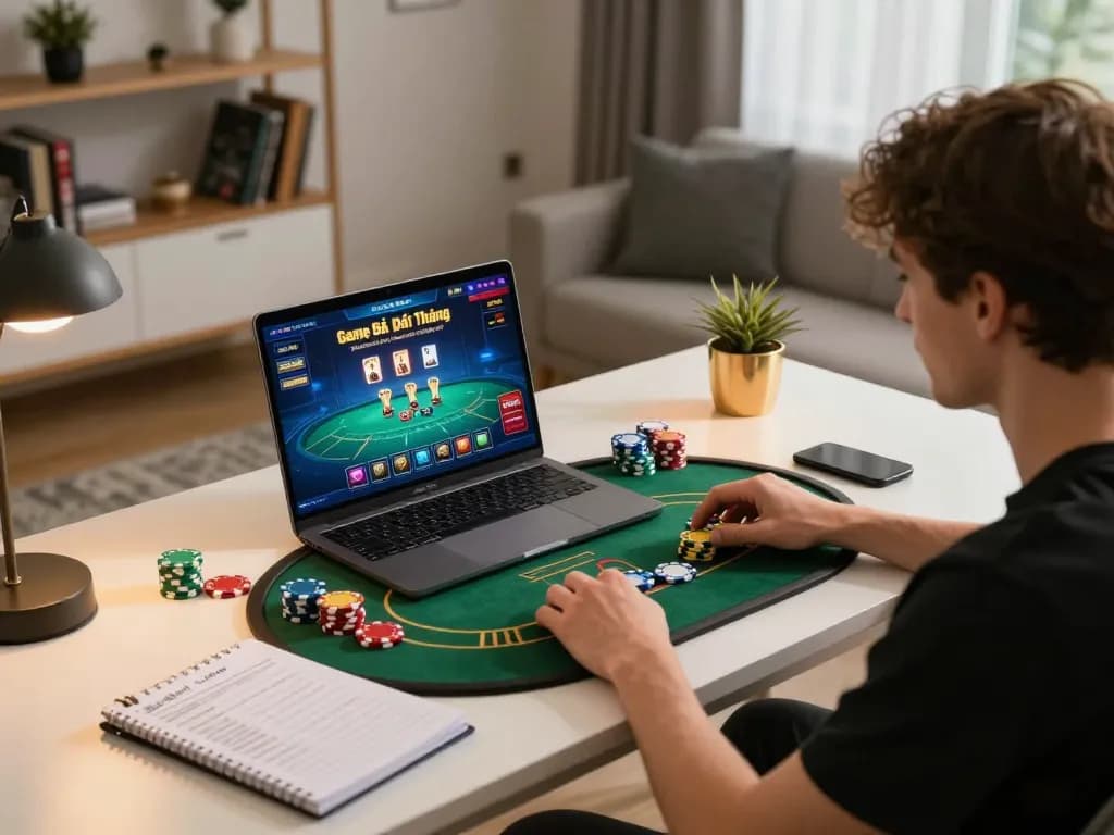 Engaged player enjoying Game Bài Đổi Thưởng at a cozy online gaming setup with poker interface and strategies.
