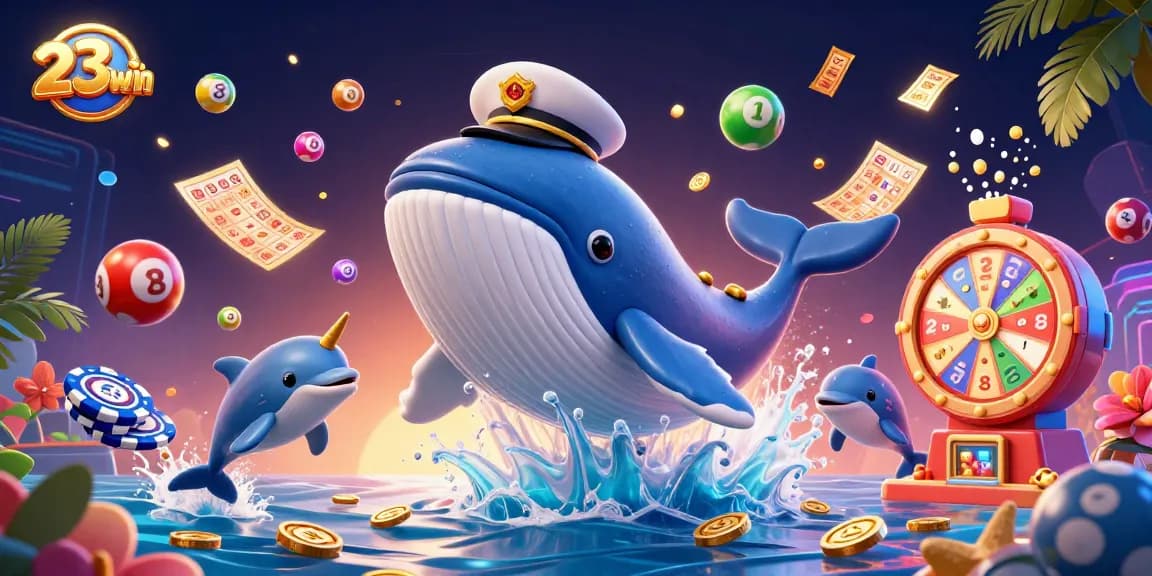Experience the excitement of 23win with a vibrant 3D scene featuring a whale, narwhal, and dolphins in a casino-themed illustration.