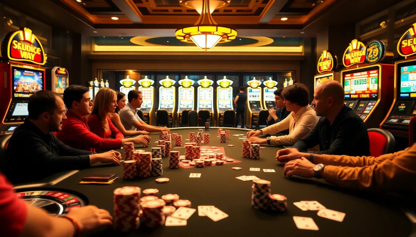 Experience the thrill of gambling at https://qq88z.net/, where players engage in high-stakes poker surrounded by vibrant casino elements.