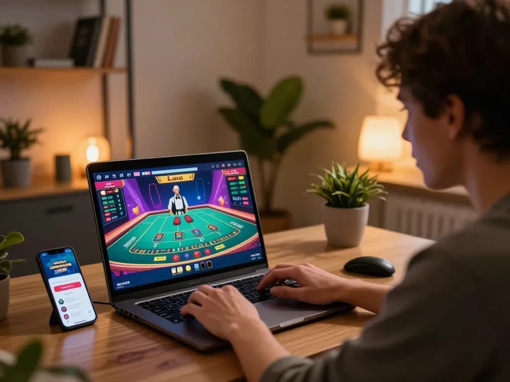 Nổ hũ gaming excitement with a player focused on online casino game at home