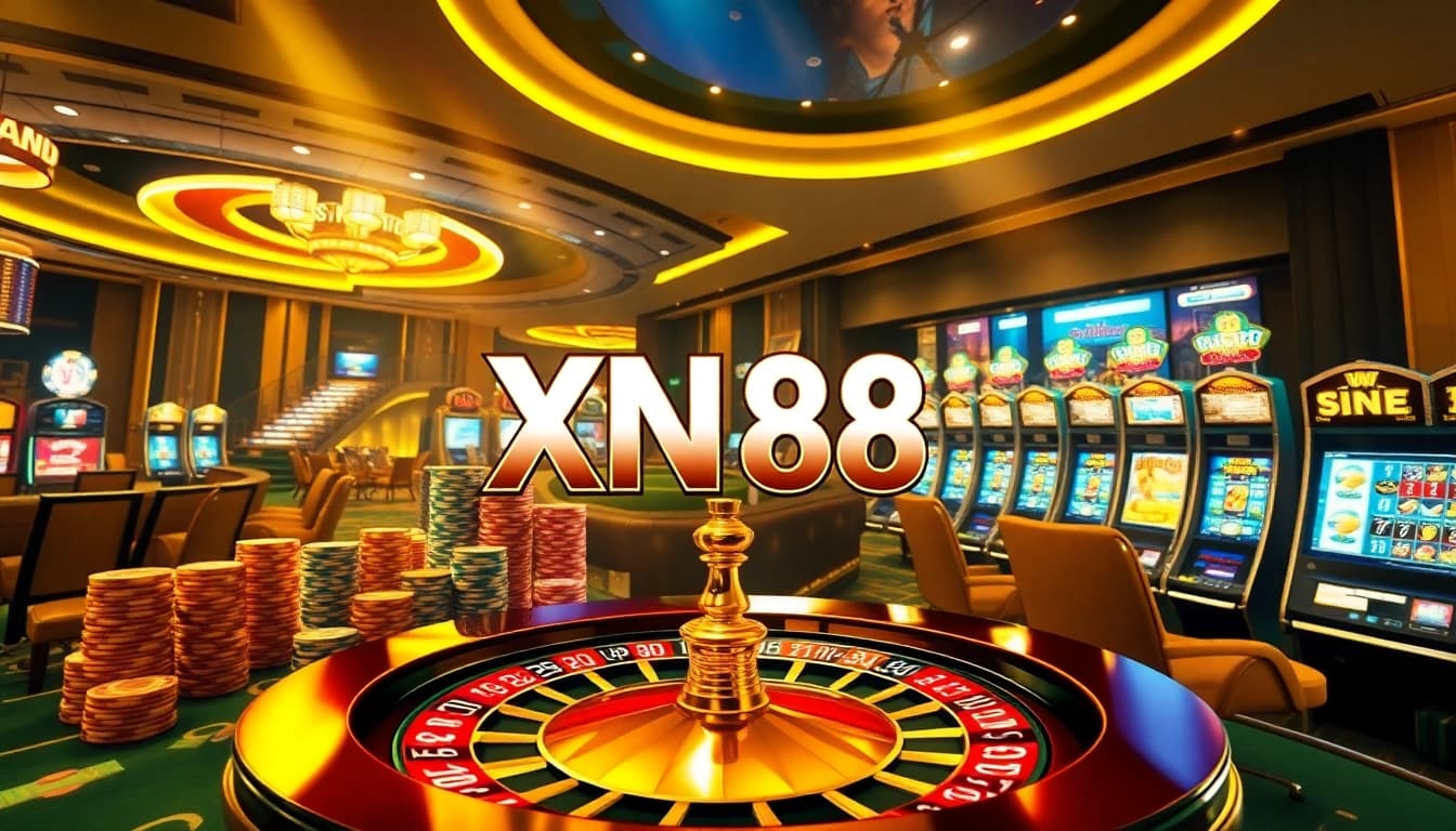 Experience the thrill of XN 88 with vibrant casino elements like roulette wheels and poker chips.