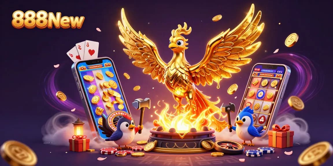Experience winning at 888New with a dynamic scene of golden phoenix and thrilling casino elements.