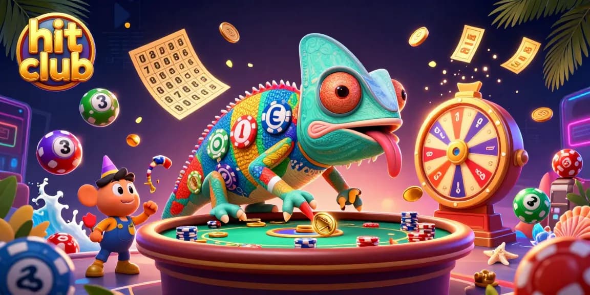 Engaging scene of hit club showcasing a cartoon chameleon owner collecting coins amidst vibrant lottery elements.