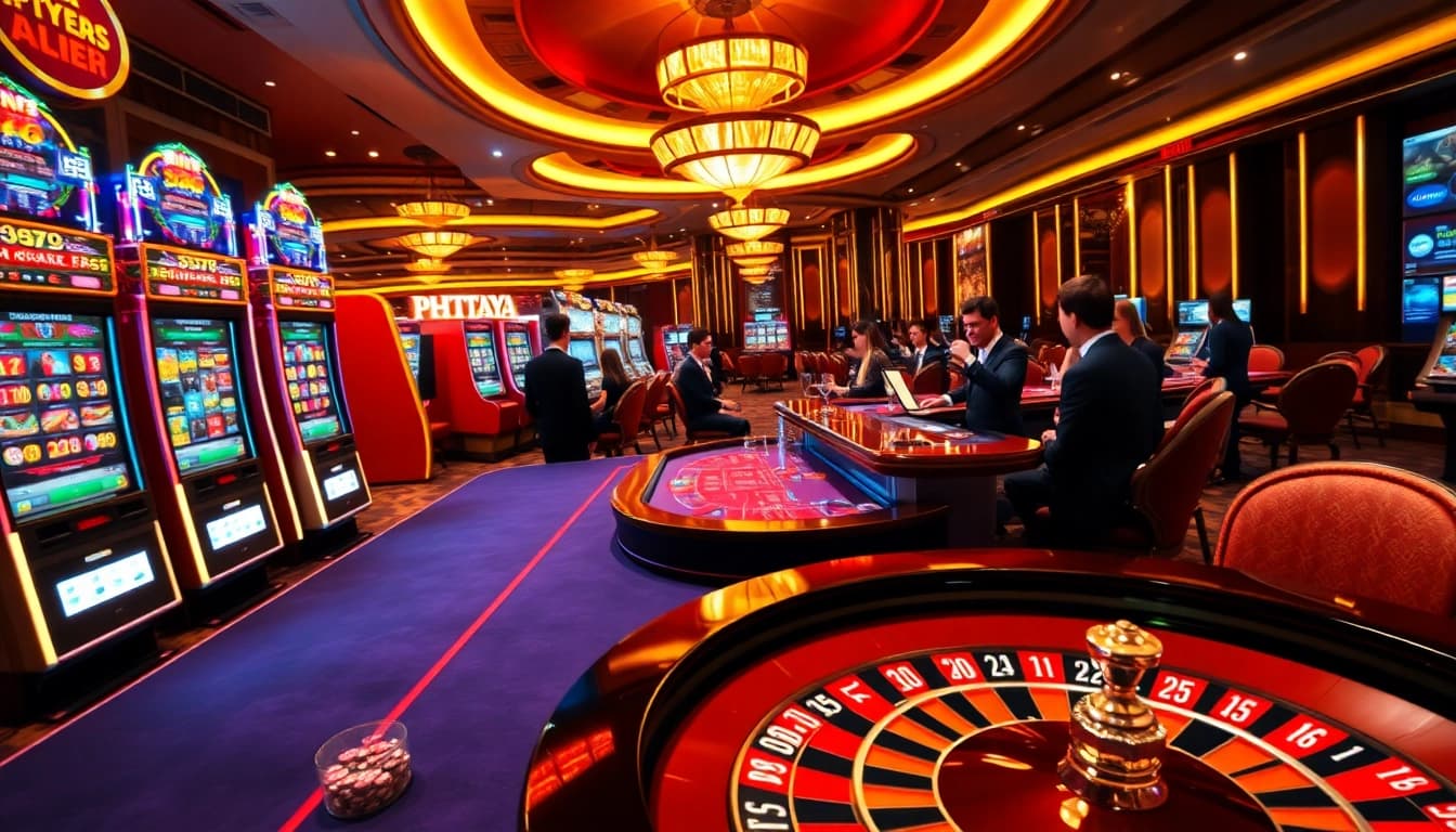 PHTAYA slot machines and poker tables with players engaged in casino excitement
