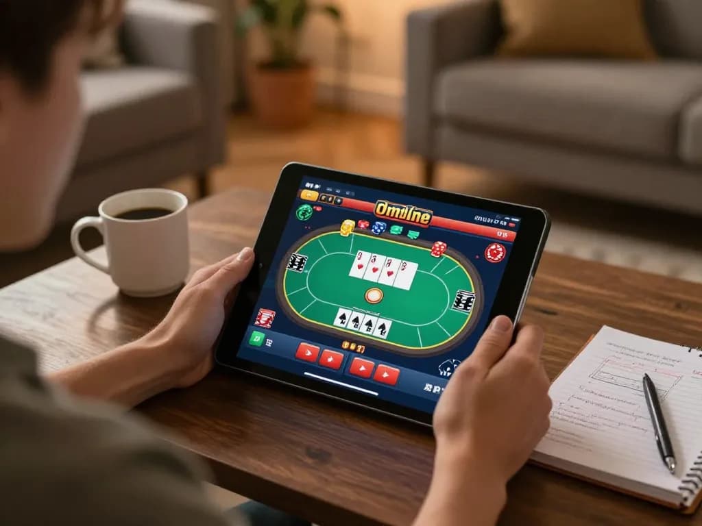 Person enjoying online poker at home on the abc8go platform with strategic notes and warm lighting.