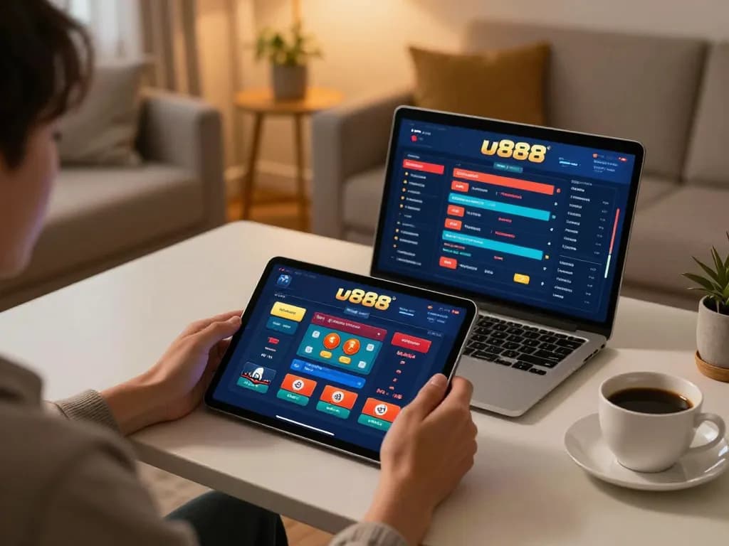 Experience thrilling gameplay with u888 on a tablet in a cozy home setting