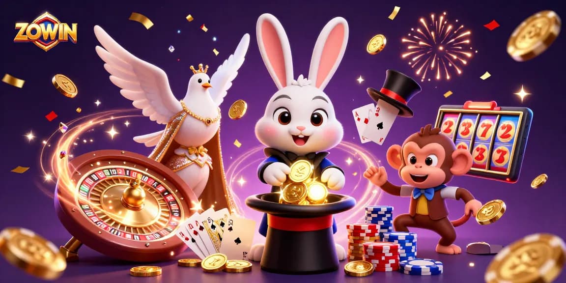 ZOWIN showcases a lively casino scene with a magician rabbit, glamorous dove, and mischievous monkey creating excitement.