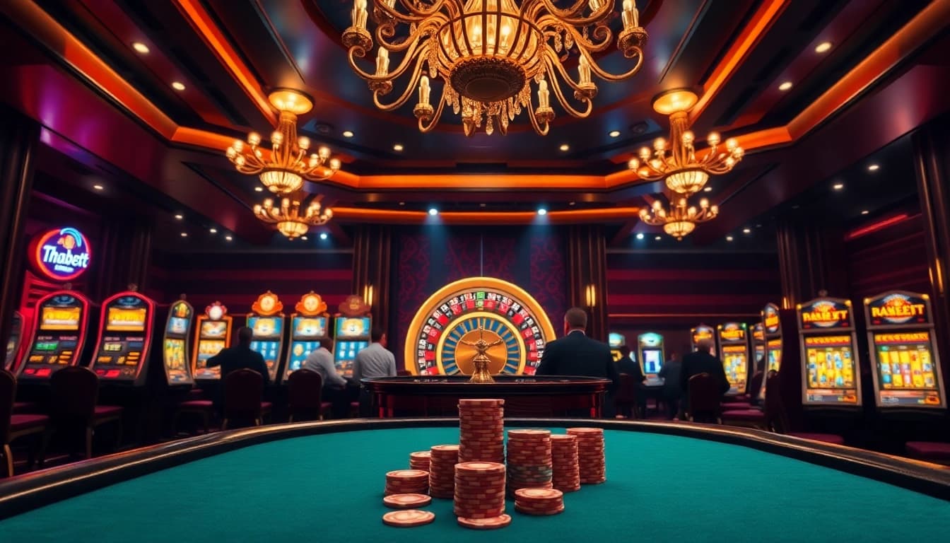 Experience high-stakes action at https://thabett.io/, featuring an upscale poker table and exciting casino visuals.