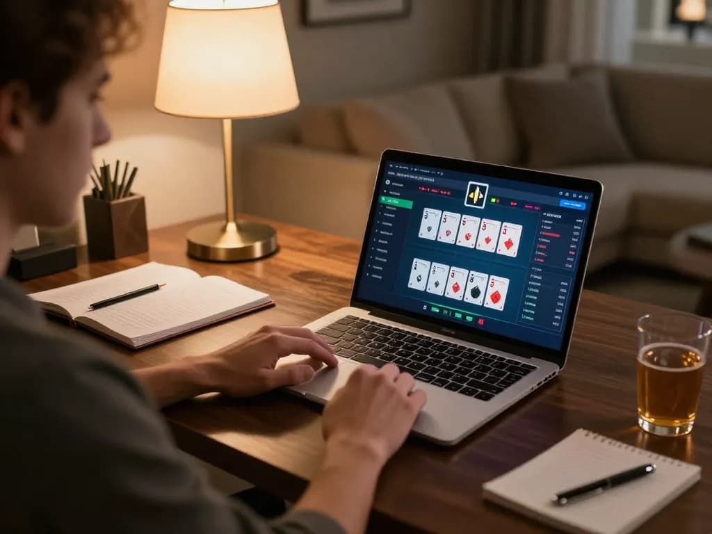 Rikvip player strategizing poker moves during an online session at home workspace