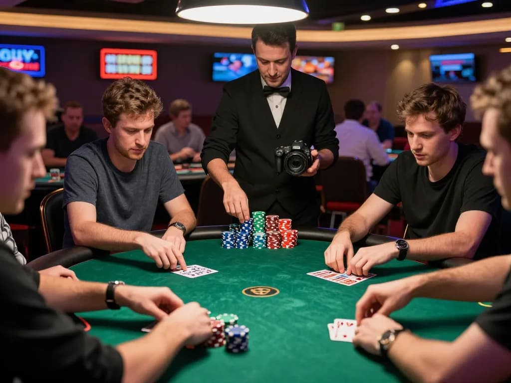 Action-packed poker game scene at a lively casino featuring players engaged in strategic gameplay, showcasing Go 88 excitement.