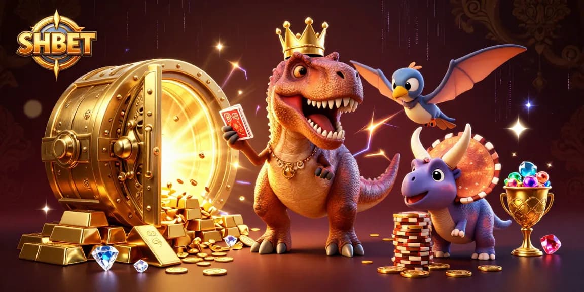Experience the excitement of SHBET with a vibrant casino scene featuring a T-Rex and friends.