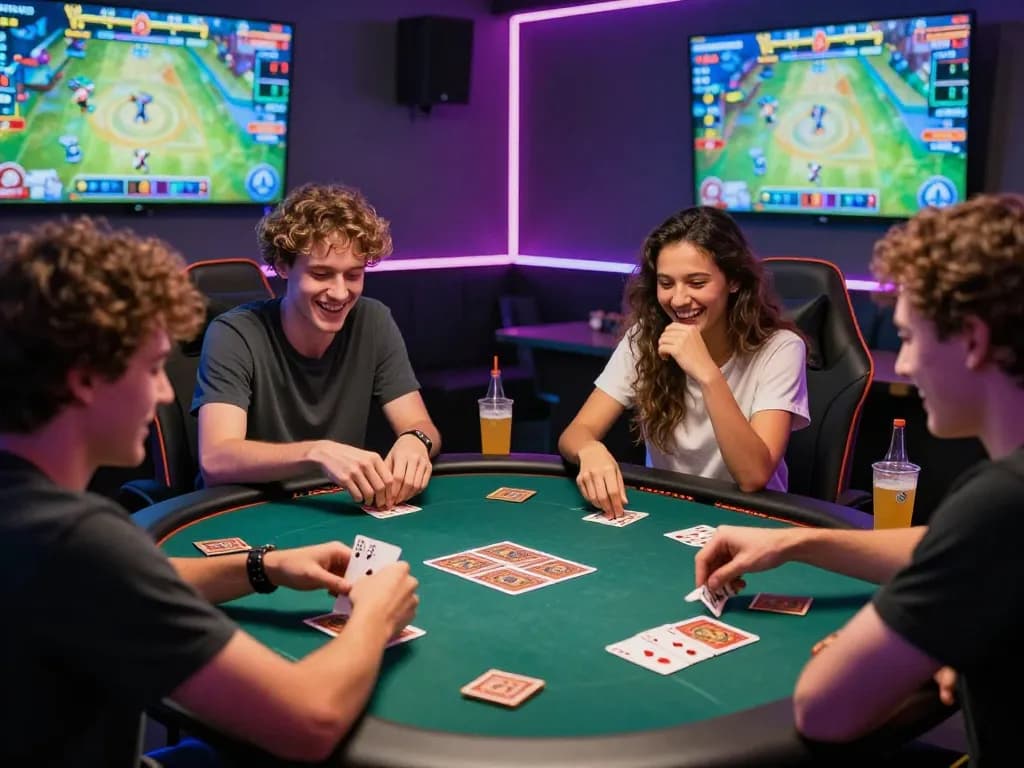 Friends enjoying a thrilling Game bài session in a lively gaming lounge with colorful decorations and an energetic atmosphere.