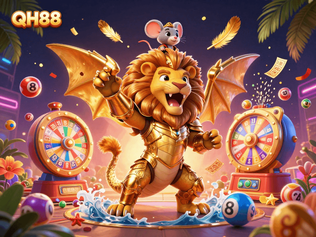 Engage with the vibrant QH88 casino adventure, featuring colorful lottery games and a triumphant chimera.