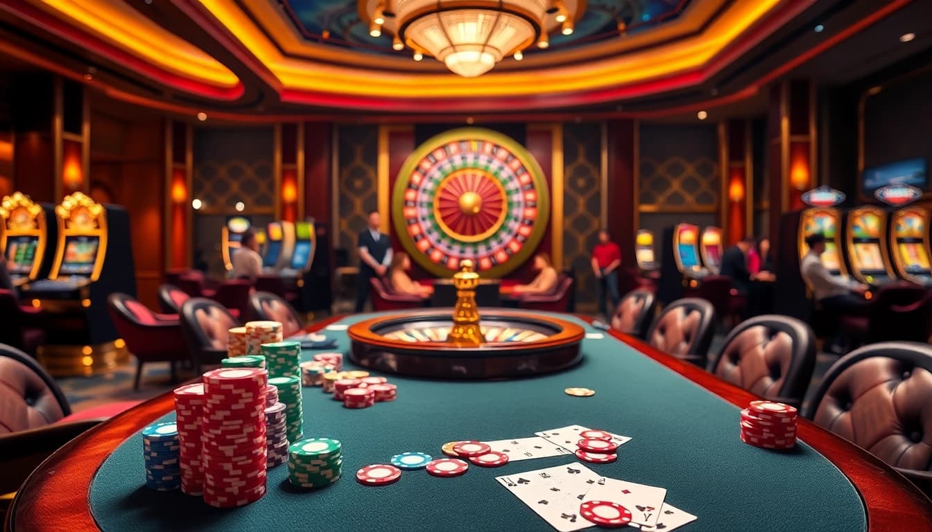 Experience the excitement of VU88 net with players enjoying a luxury casino scene filled with poker chips and slot machines.
