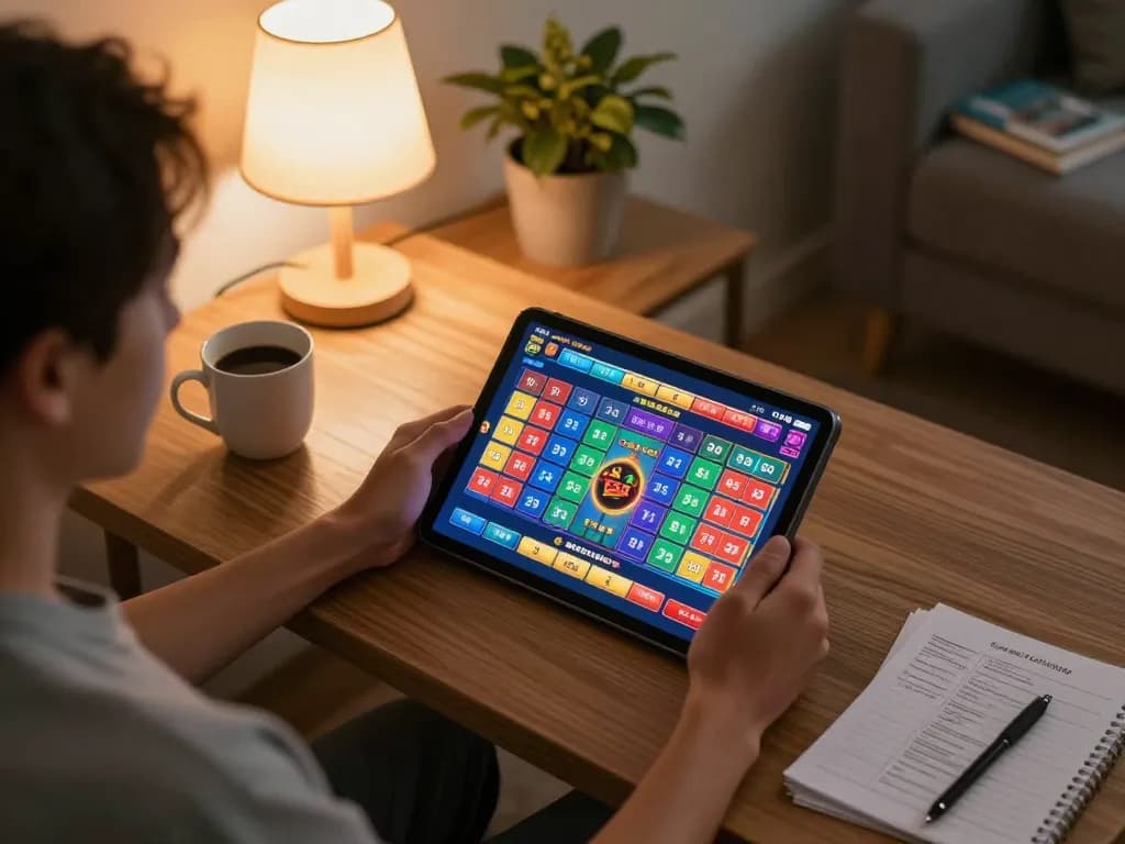 Pengalaman permainan yang menarik dengan toto di tablet dalam pengaturan ruang tamu yang nyaman.
