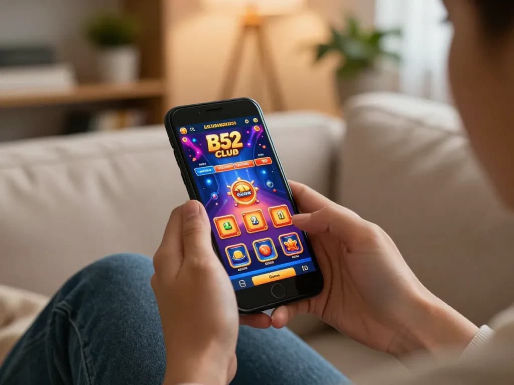 B52 Club player enjoying mobile gaming with smartphone, showcasing exciting gameplay interface in cozy home setting.
