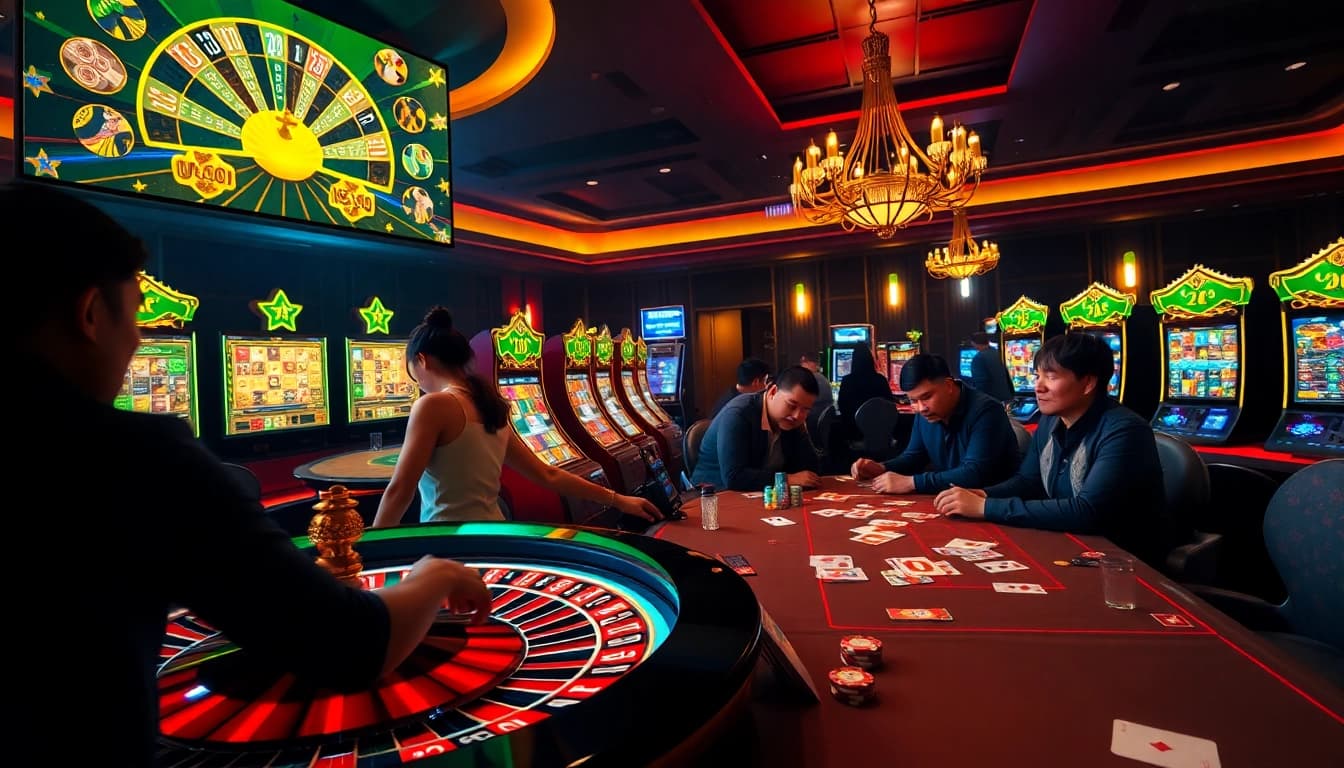 Action-packed gambling scene featuring players at https://bem88.com engaging in poker and slots.