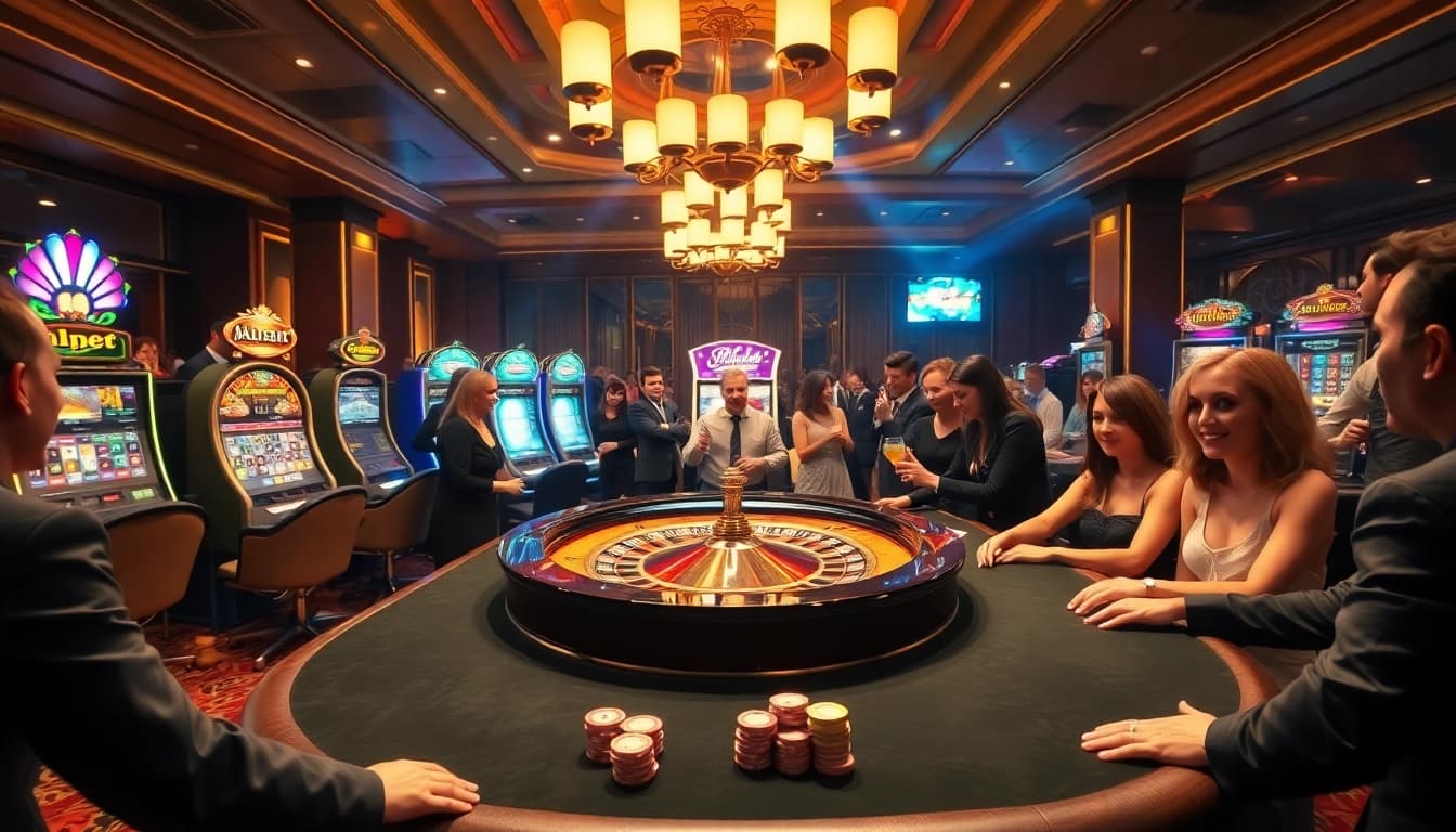 Experience the thrill of an 8k bet at an upscale casino with vibrant slot machines and excited players.