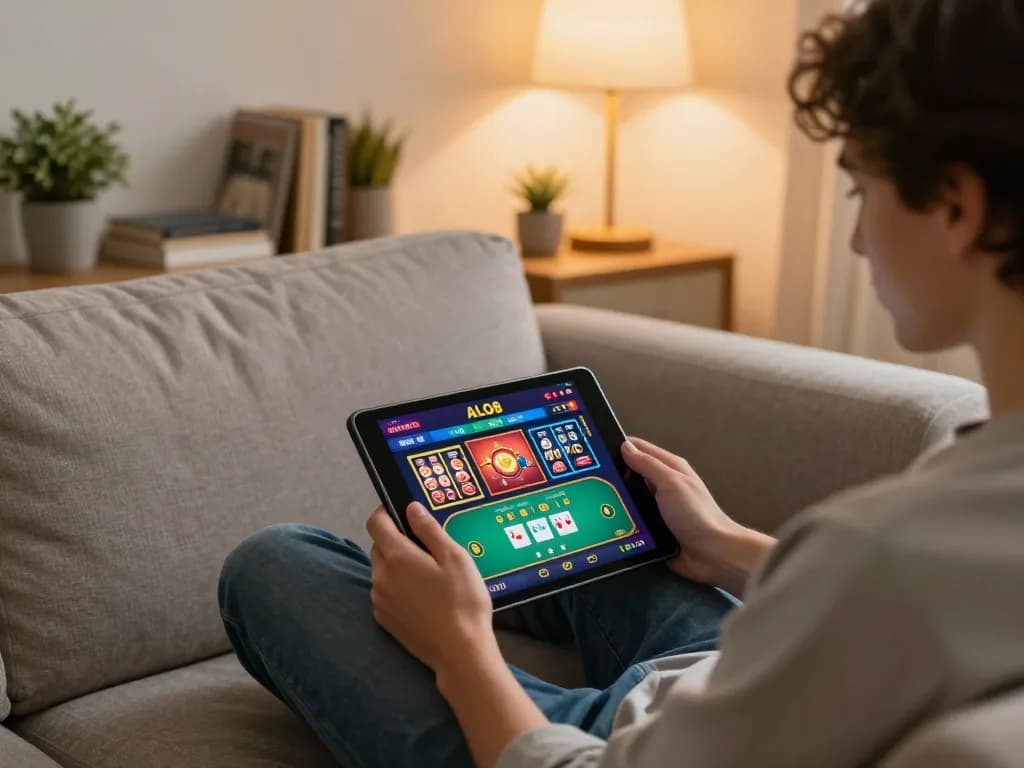 Engaged user enjoying ALO8 online casino gaming on a tablet in a cozy home setting.