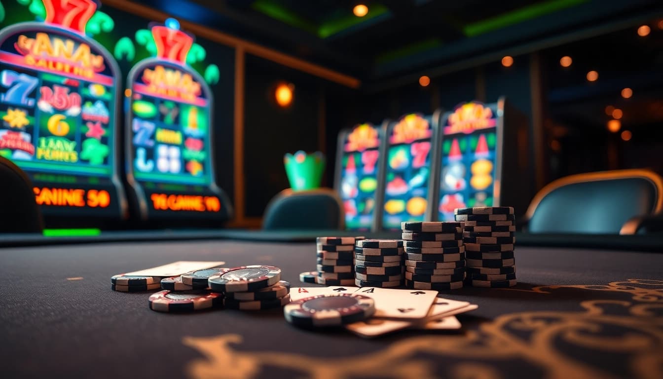 Engaging in a thrilling game at the 65A casino with poker chips and a vibrant slot machine.