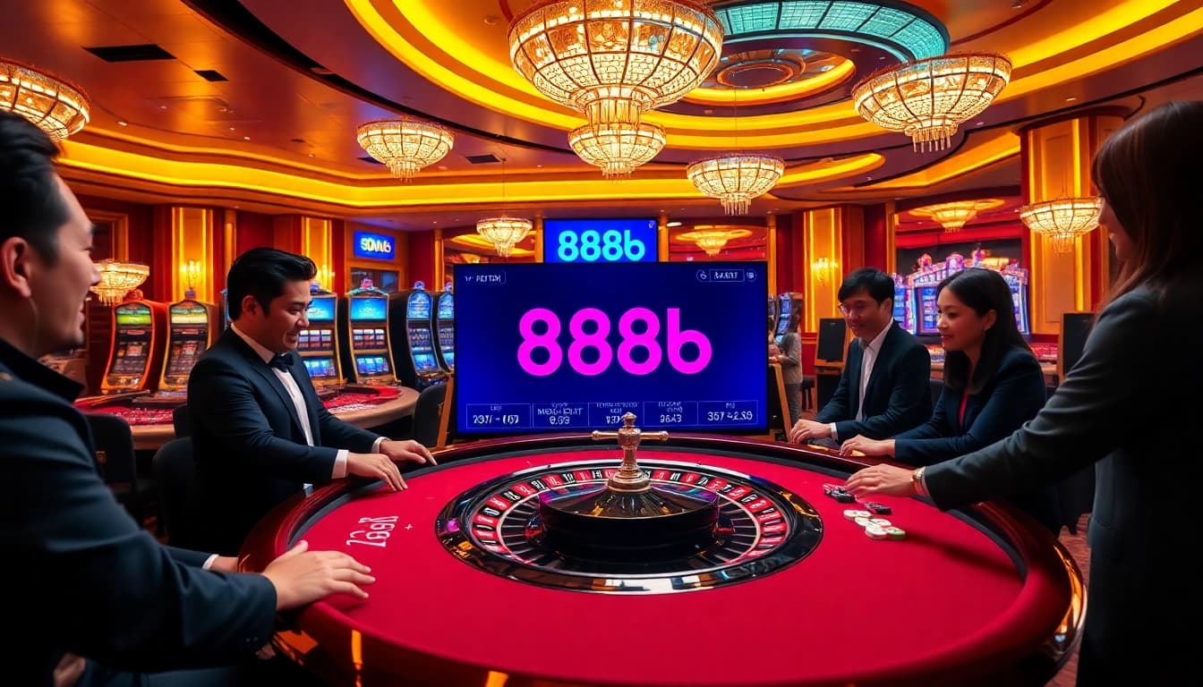 Players enjoying various games at nhà cái 888b, with vibrant casino elements and dynamic lighting.