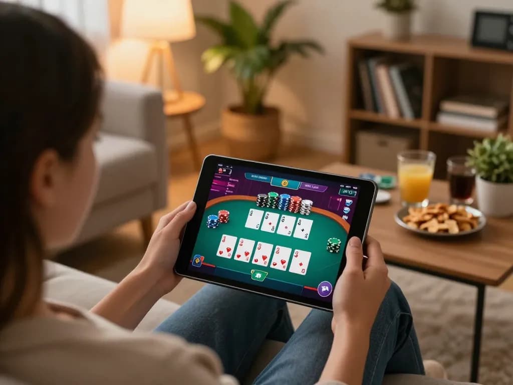 Engaging in online gaming with gamebaidoithuong8 on a tablet, showcasing a vibrant poker scene.