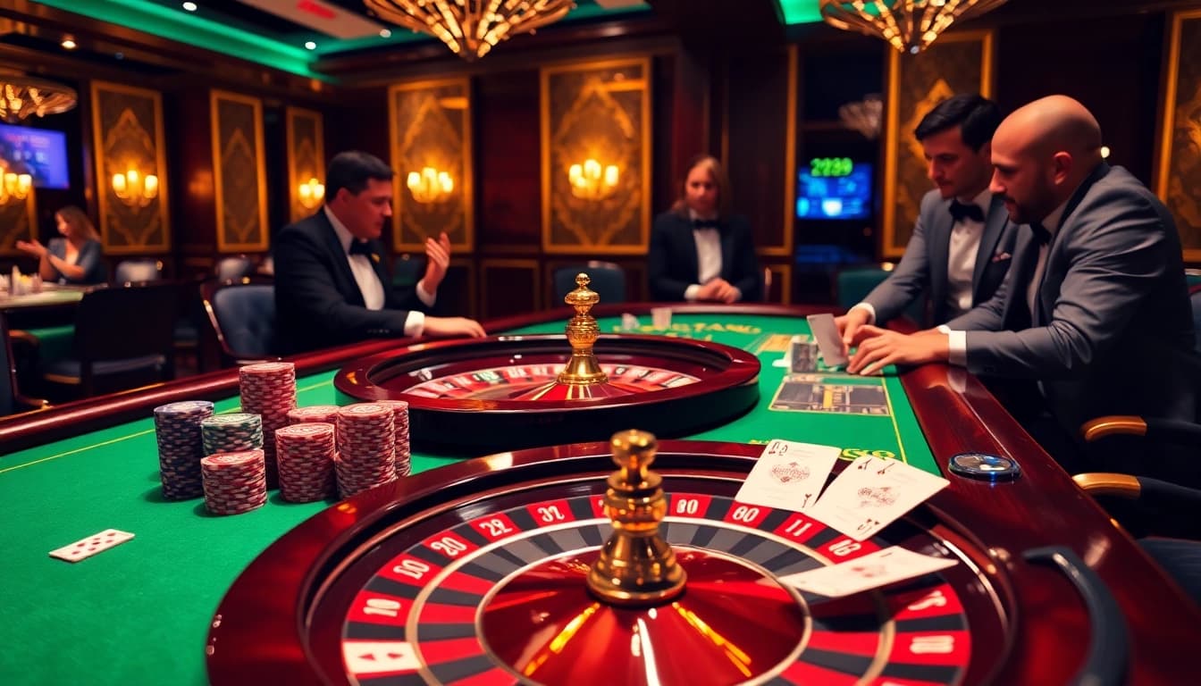 A thrilling scene at alo 789, showcasing players enjoying a luxury casino experience with vibrant gaming tables and roulette wheels.