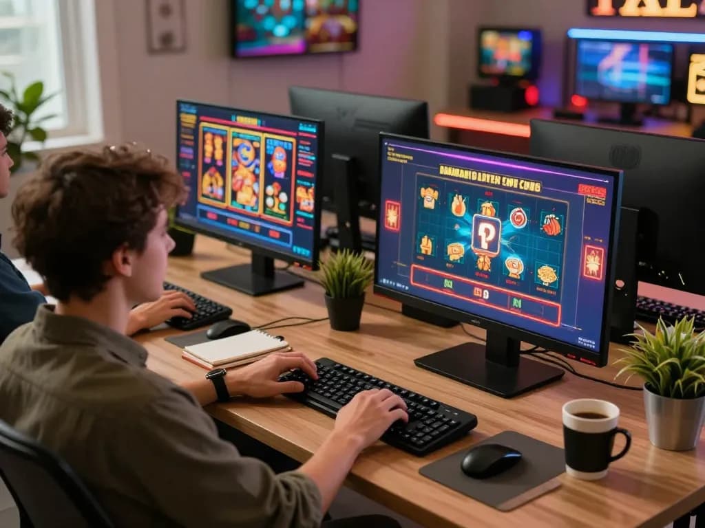 Experience online gaming excitement at https://go8.agency/ with a modern setup featuring multiple casino game displays.