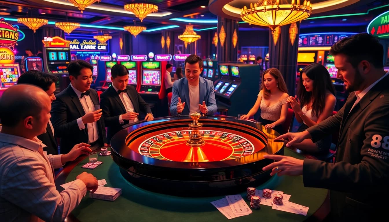 Excited players engaging at a vibrant 8kbet roulette table filled with chips and bets.