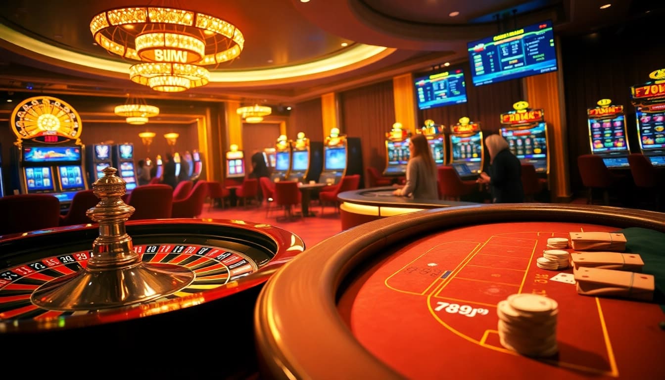 Los jugadores disfrutan de la emoción en el casino 789g, interactuando con la ruleta y el póker en un entorno lujoso.