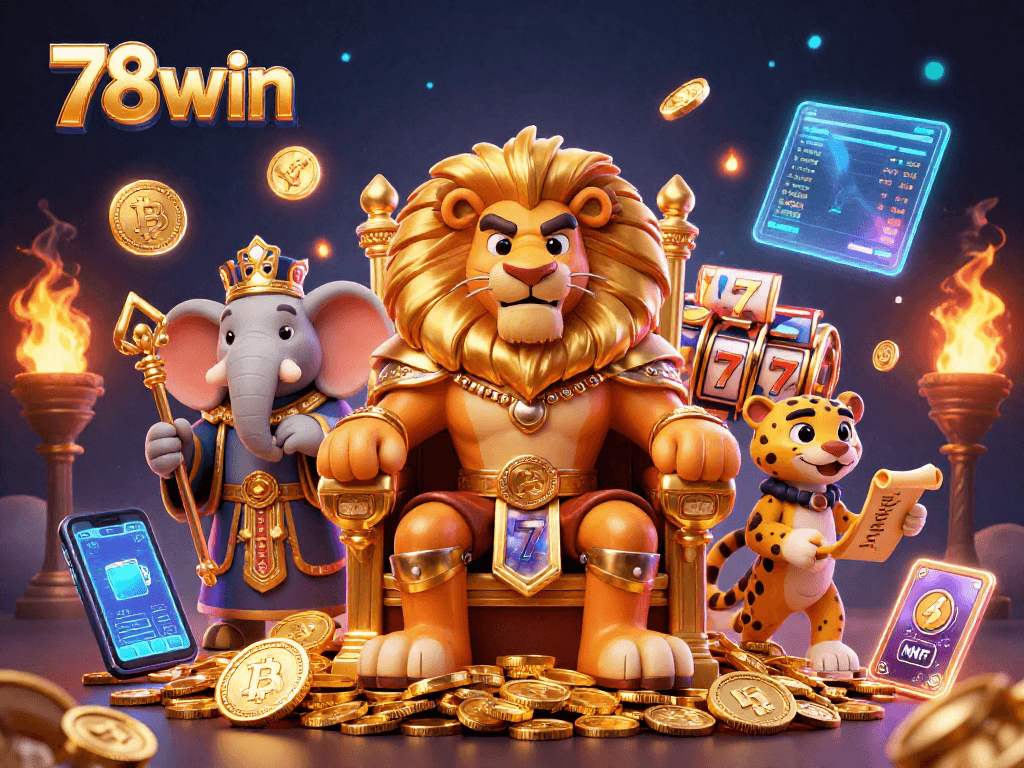 Experience the excitement of 78win with dynamic slot games and engaging characters in a vibrant casino scene.