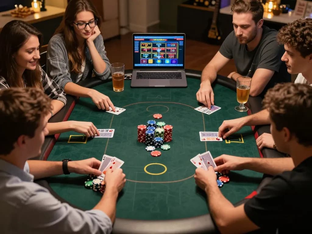 Players engaging in a lively poker game in a cozy setting with XX88 online casino interface visible