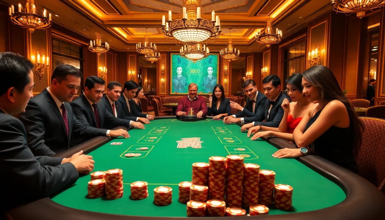 Intense Casino Action at https://urr88.com/ with players engaged at a poker table, high-stakes atmosphere.