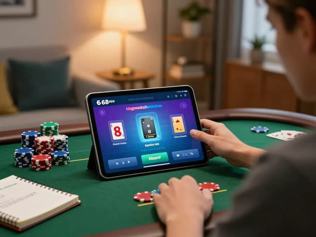 Engaging in poker gameplay at home using 68gamebaivn app with strategic notes visible