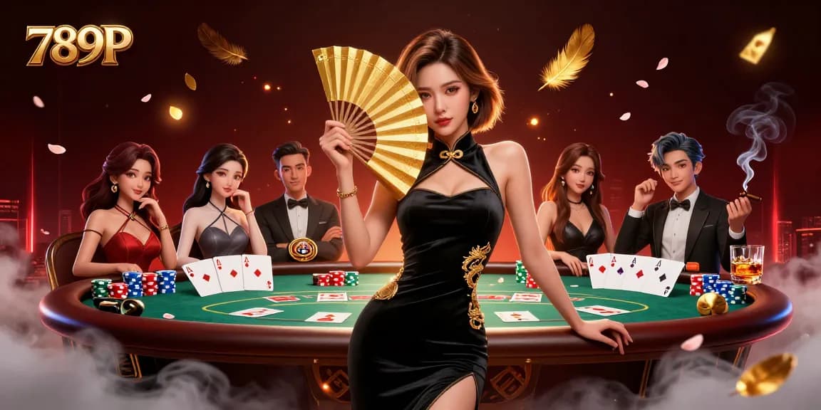Engage in thrilling poker action at 789P with a captivating Asian dealer and vibrant casino elements.