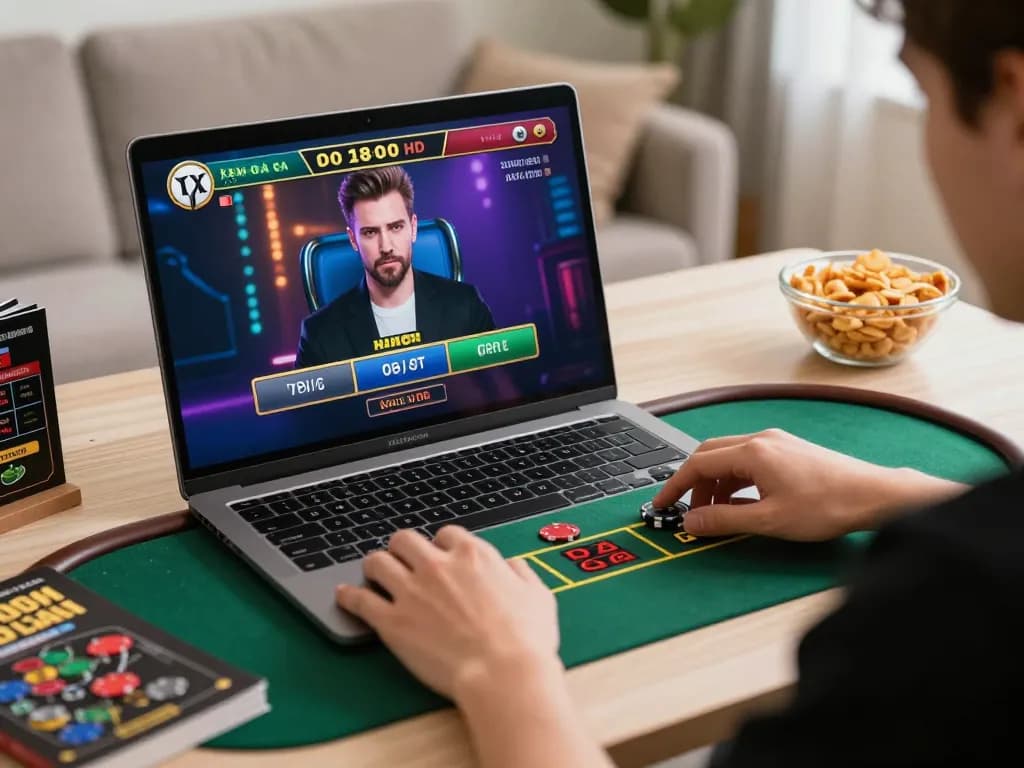xem đá gà trực tiếp HD với một người đang tích cực đặt cược trên laptop trong một không gian ấm cúng tại nhà